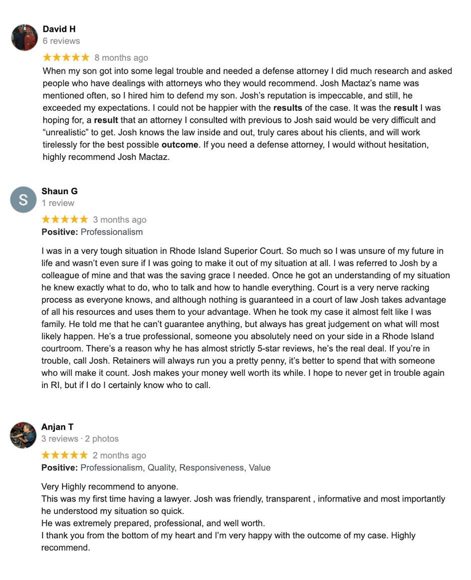 Rhode Island Criminal Defense Testimonials